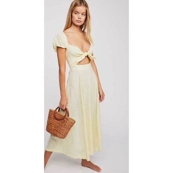 FREE PEOPLE The Getaway Midi Maxi Dress Smocked Cut Out Cotton Yellow Size XS - Picture 2 of 13